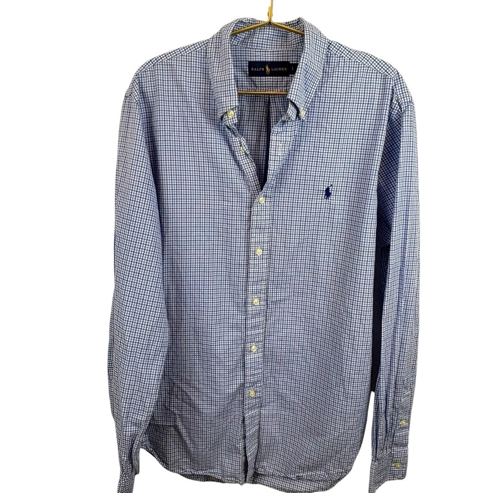 Ralph Lauren Oversized Size Large Plaid Cotton Blue‎ Button Down Shirt Preppy